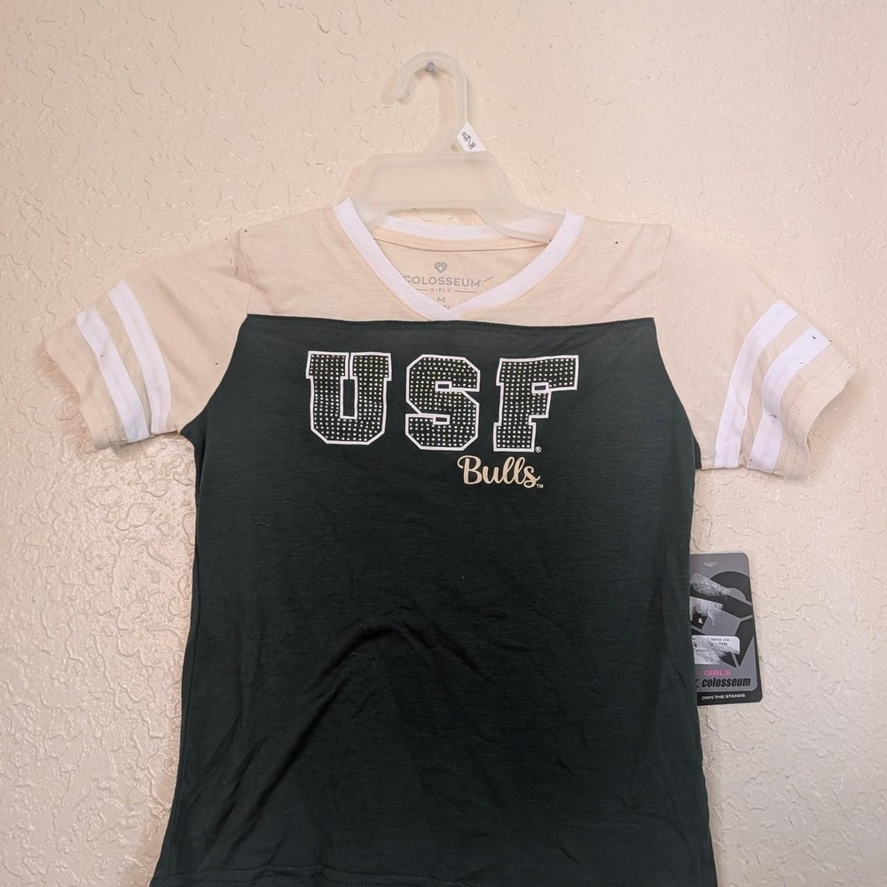 Colosseum USF Bulls Girls V-Neck Ringer T-Shirt Green Cream COTS50265 M 7/8